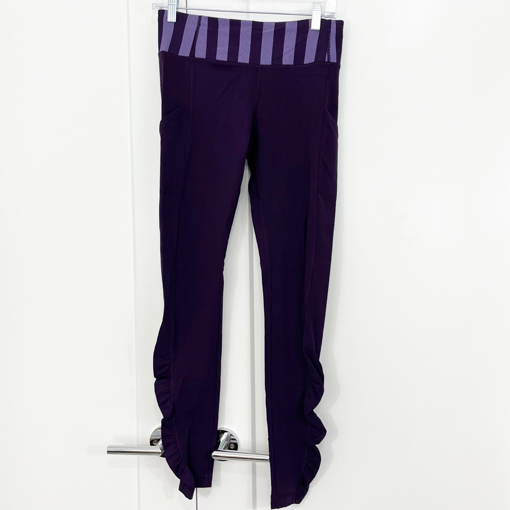 Lululemon Size 6 Purple Stripe Ruched Speed Tight Iii Leggings With Side Pockets